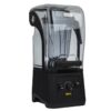 een zwarte blender met een doorzichtig deksel