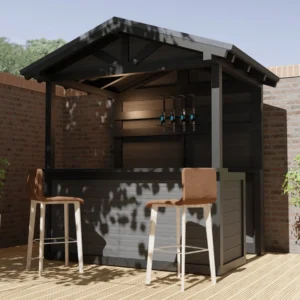 een bar met stoelen en een dak
