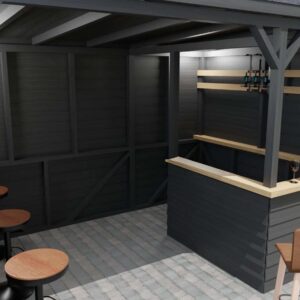 a room with a bar and stools