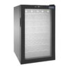 a black wine cooler with a glass door